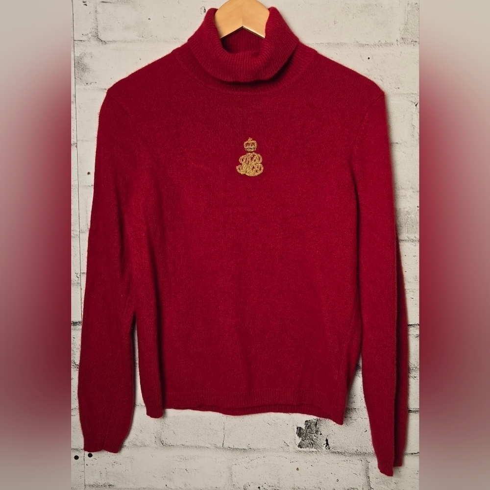 Lauren Ralph Lauren Red Merino Wool Angora Cashmere Crest Sweater Large